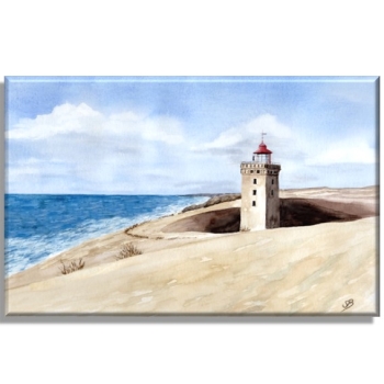 Leinwand 40 x 30 cm Keilrahmen Canvas-Leinen Aquarell Maritim Kunst Druck Kunstdruck Nordsee Dänemark Danmark Leuchtturm Rubjerg Knude Düne Blokhus Lokken Sonnenuntergang